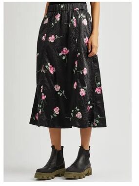 Ganni Floral satin crinkle midi skirt